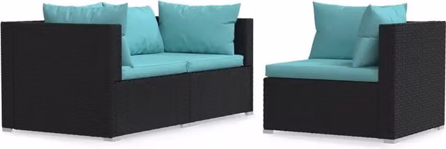 Set Divani da Giardino 3 pz | Set Salotto da Giardino con Cuscini Nero in Polyrattan