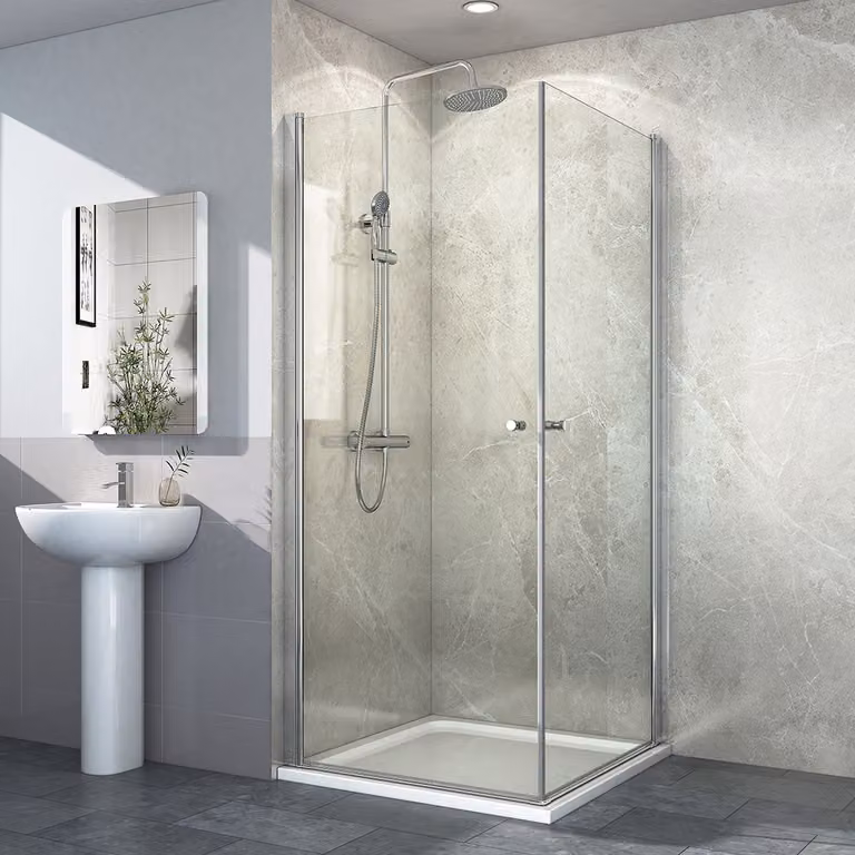 Cabina doccia EMKE 80x80x185 cm con ingresso angolare, divisorio doccia, doppia porta a battente, porta doccia, porta a battente, parete doccia, rivestimento nano su entrambi i lati