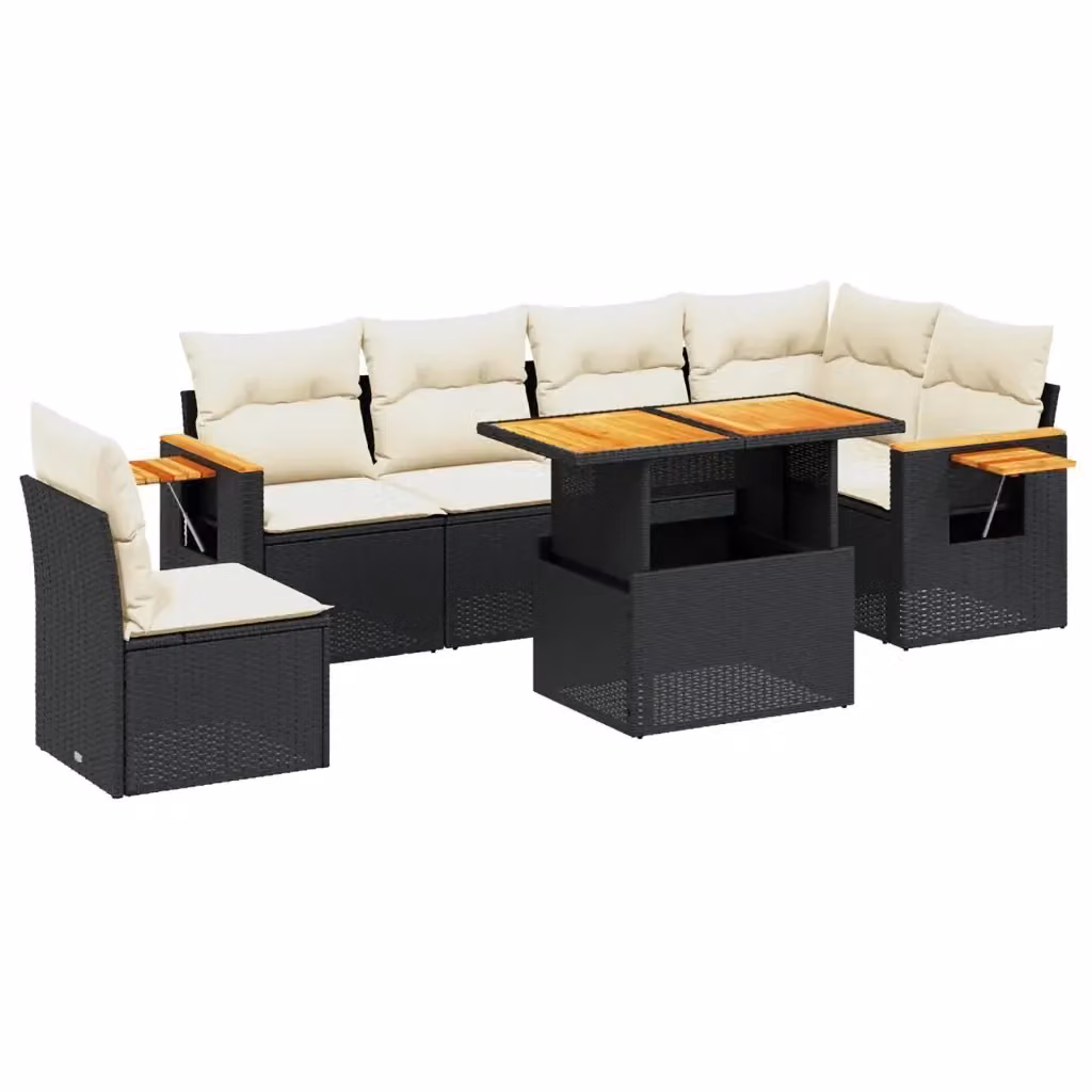 Set Divani da Giardino vidaXL a L con Tavolino, 7 Pezzi in Polyrattan Nero e Cuscini Bianchi – 2
