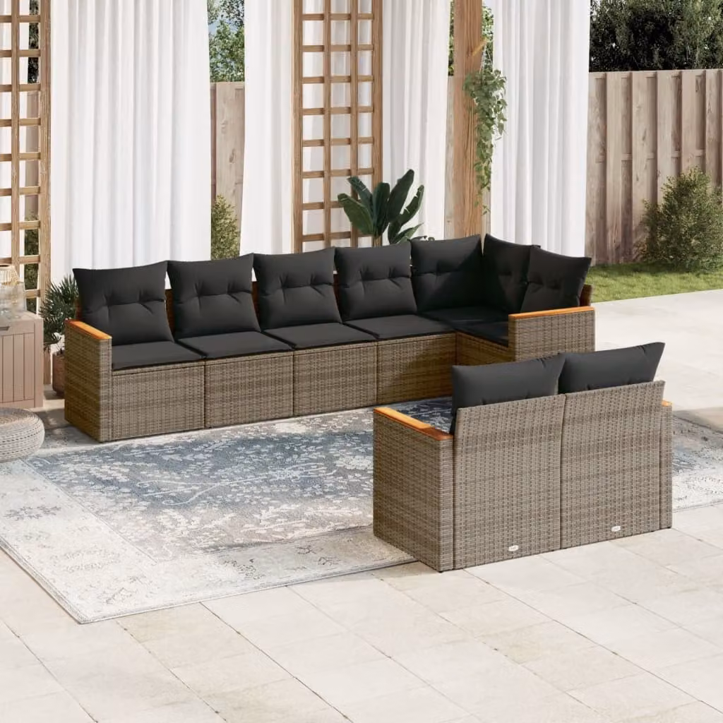 vidaXL Set Divano da Giardino a L 8 pz in Polyrattan Grigio con Cuscini Imbottiti e Coperture Rimovibili – 1