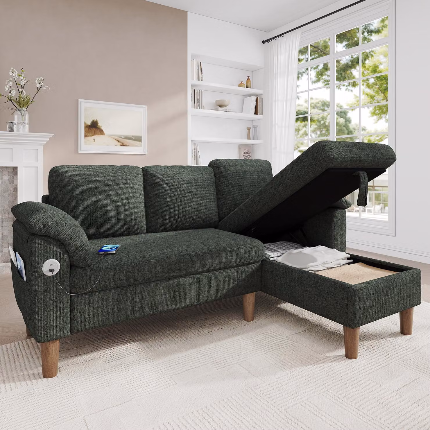 Divano angolare a forma di L Merax, divano a 3 posti con chaise longue contenitore, porta USB Type-C, tasche laterali, pouf modulare, tessuto in chenille, colore verde