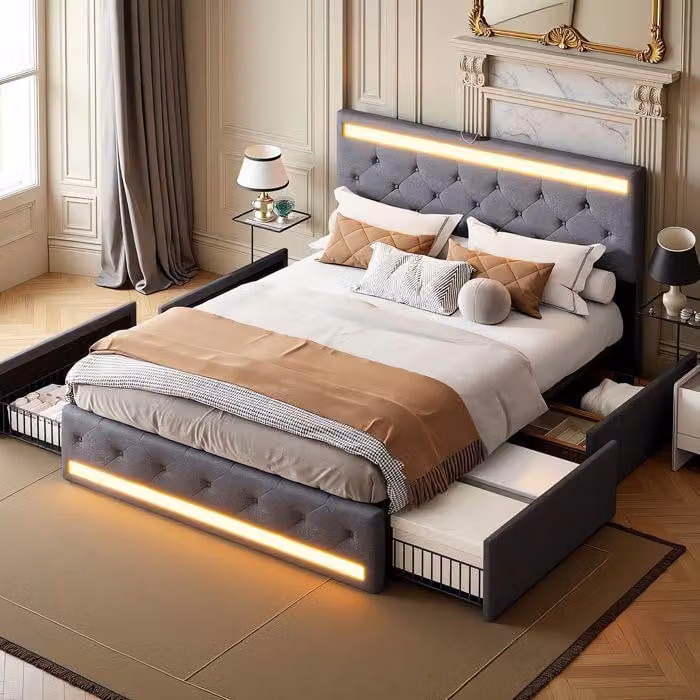 Letto imbottito Fortuna Lai 140x200 cm in grigio, letto funzionale con 4 cassetti, testata regolabile in altezza, presa LED e USB, rivestimento in lino