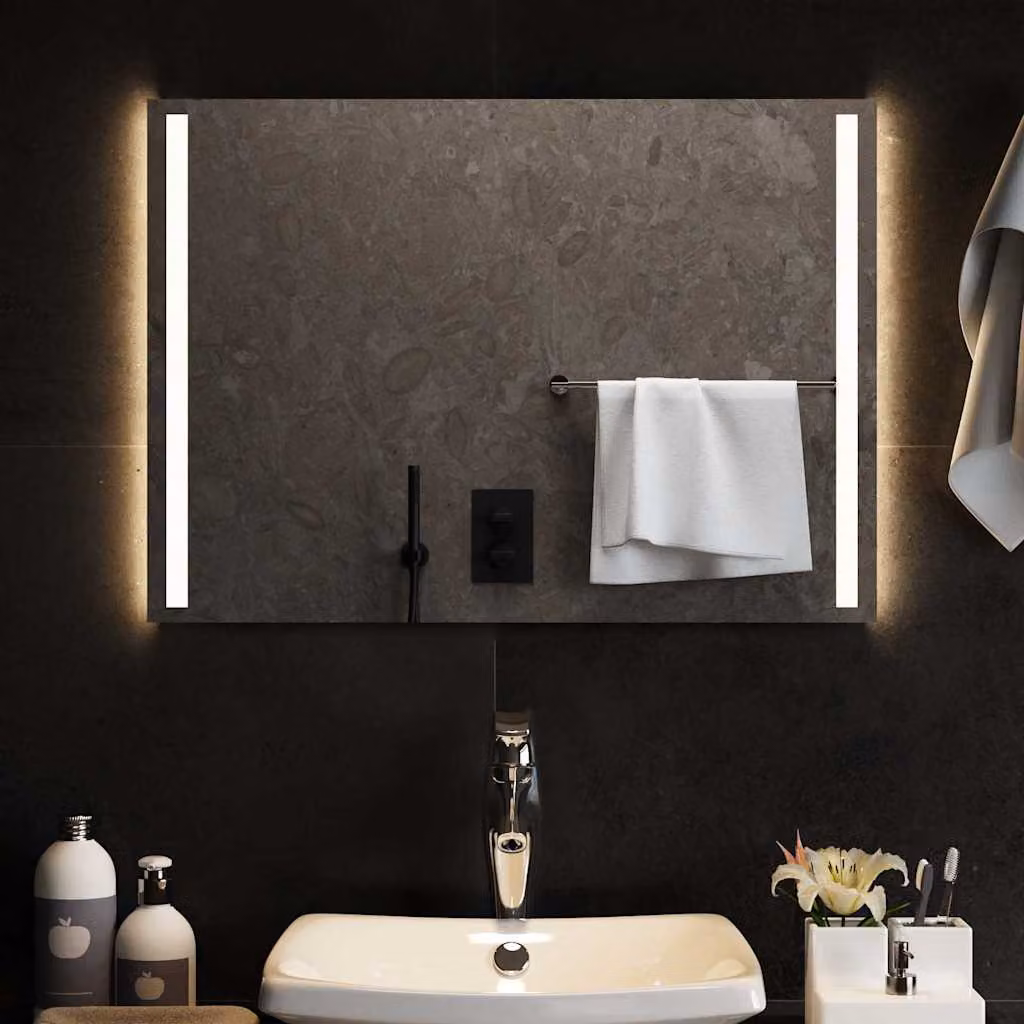 Specchio da bagno moderno vidaXL con luci LED, rettangolare, nero e trasparente, L: 70 cm, H: 50 cm