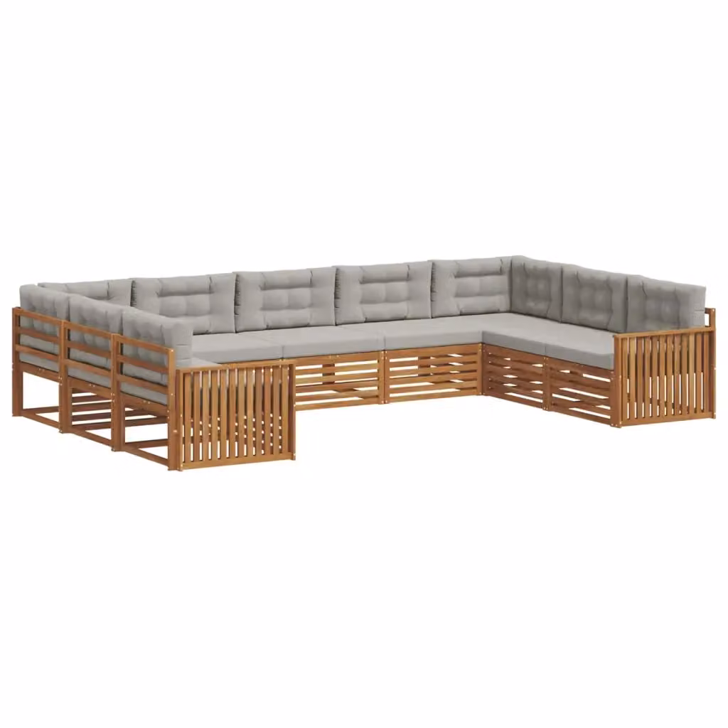 Set di divani da esterno vidaXL a forma di L in legno di acacia con cuscini grigi, composto da 9 pezzi – 2