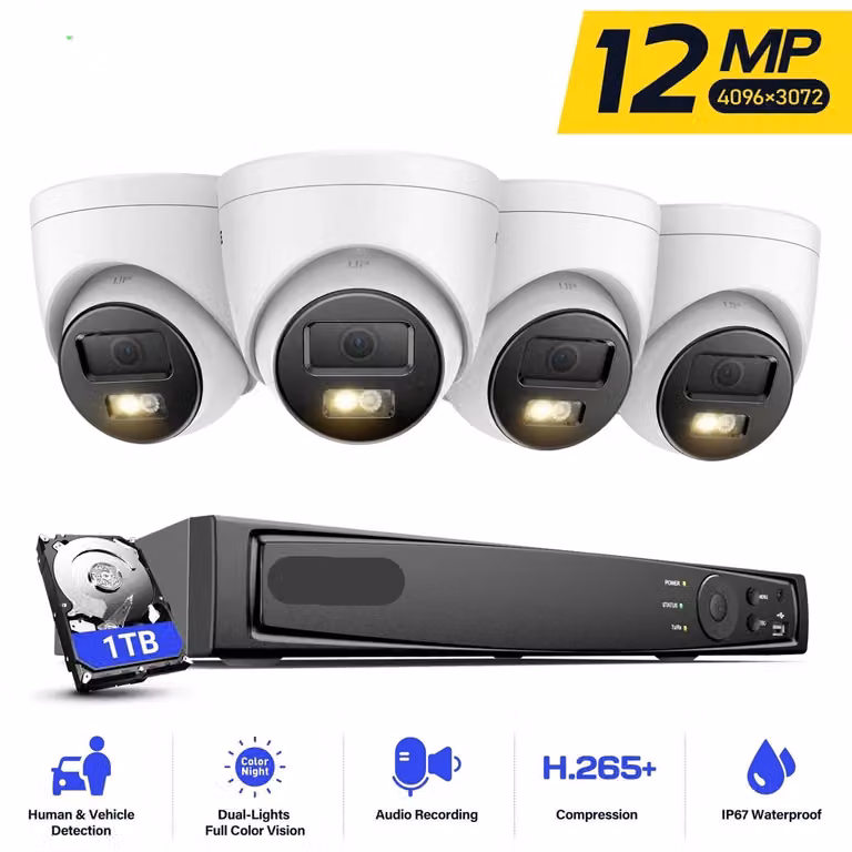 Sistema di videosorveglianza - Telecamere di sicurezza - Telecamera di sicurezza - Monitoraggio video - Con visione notturna - 12MP