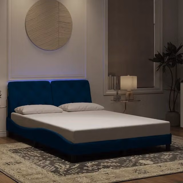 Letto con giroletto in velluto blu con illuminazione LED e porta USB vidaXL L 140 cm x P 200 cm – 1
