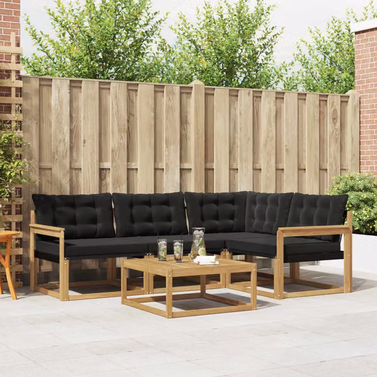 Set di divani da esterno vidaXL 5 pezzi in legno di acacia con tavolo da caffè, colore bianco, nero e marrone