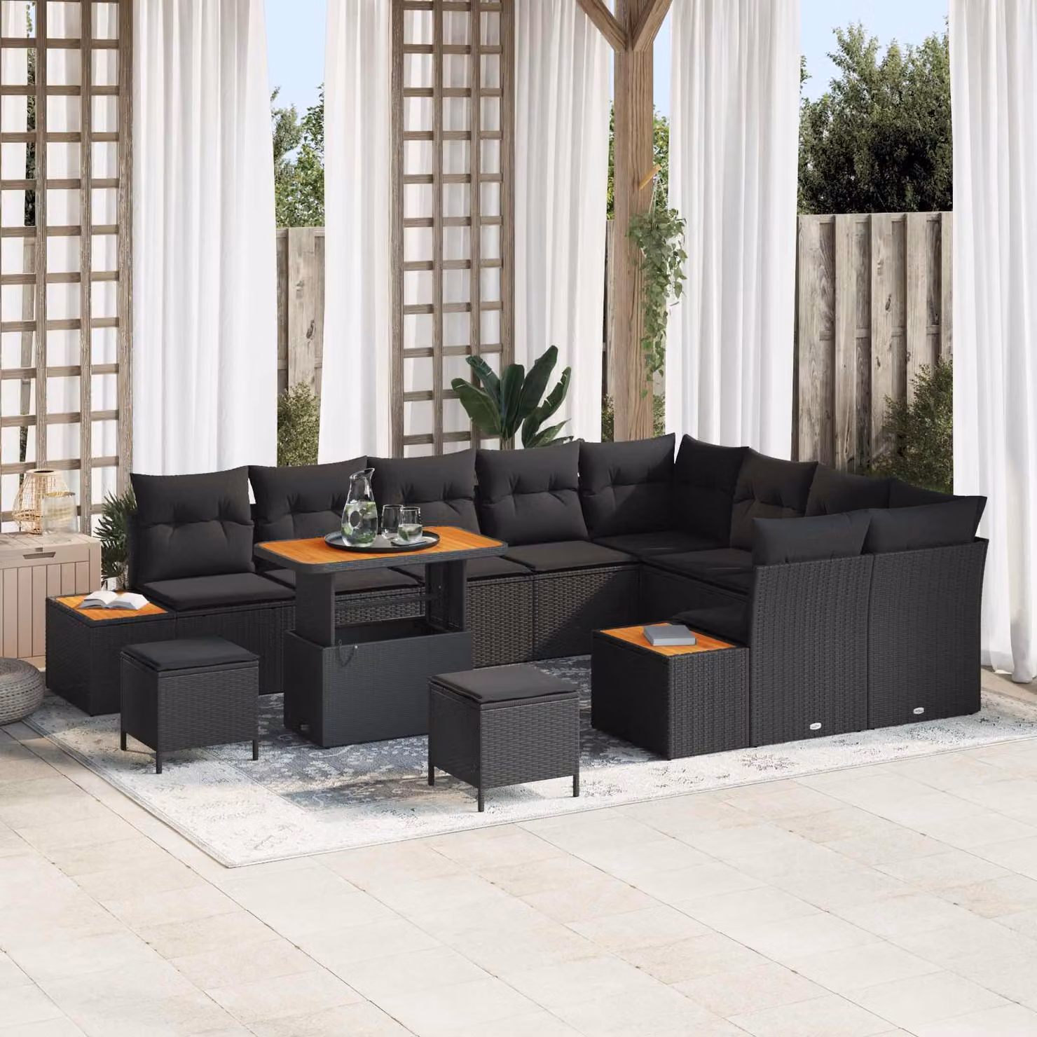 Set Divano da Giardino vidaXL a Forma di L con 12 Posti, Nero, con Cuscini e Tavolino da Caffè – 1