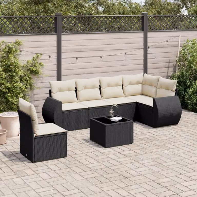 vidaXL Set Divano da Giardino a L con 7 Pezzi in Polyrattan Nero e Cuscini Imbottiti