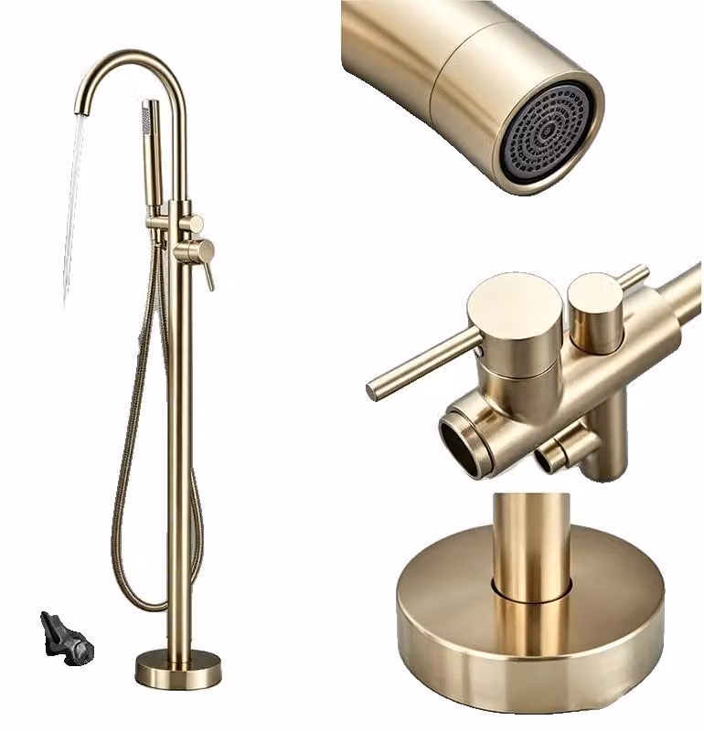 Miscelatore per vasca da bagno freestanding, con due manopole, doccetta manuale, finitura oro spazzolato