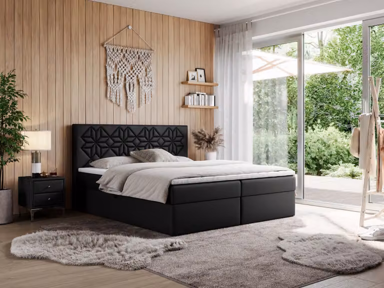 Letto boxspring MKS MEBLE 120x200 con materasso H3 e contenitore, letto matrimoniale con contenitore e topper, letto imbottito 120x200 con testiera - Leila - Pelle finta nera - H3