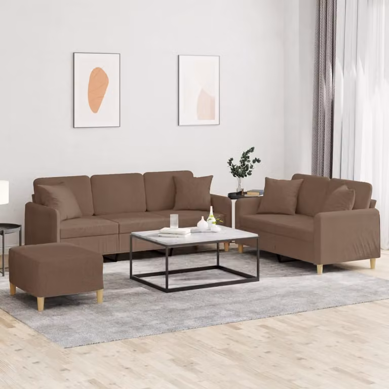 Set di divani 3 pezzi vidaXL con pouf e cuscini, colore marrone in tessuto moderno per soggiorno