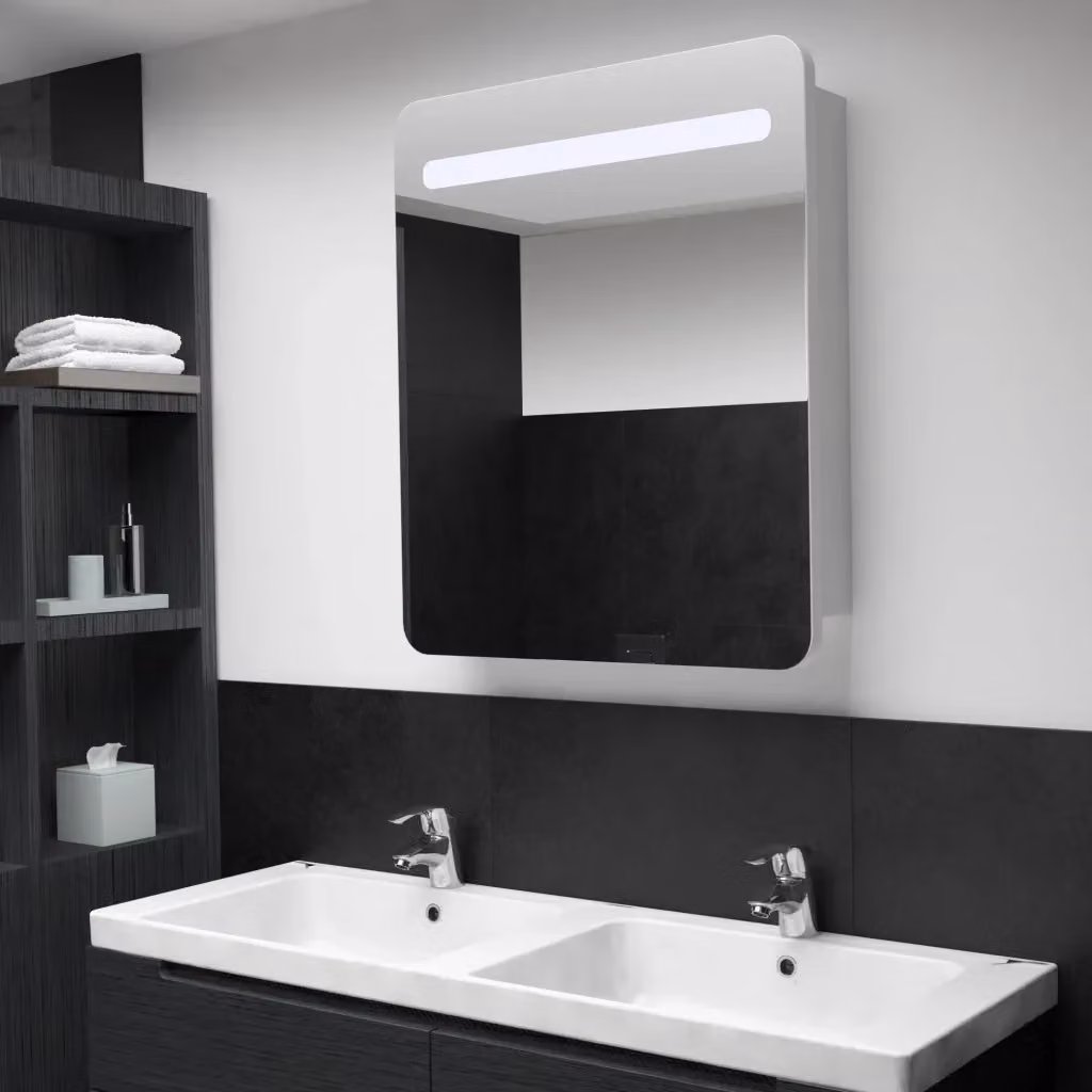Armadietto da bagno moderno DESIGN IN con specchio, illuminazione LED e ante in vetro bianco e argento, L: 68 cm, P: 9 cm, H: 80 cm – 2