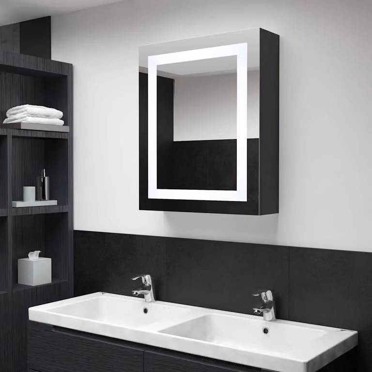 Armadietto da bagno moderno vidaXL con specchio e illuminazione LED, antracite e nero, L: 50 cm, P: 13 cm, H: 70 cm