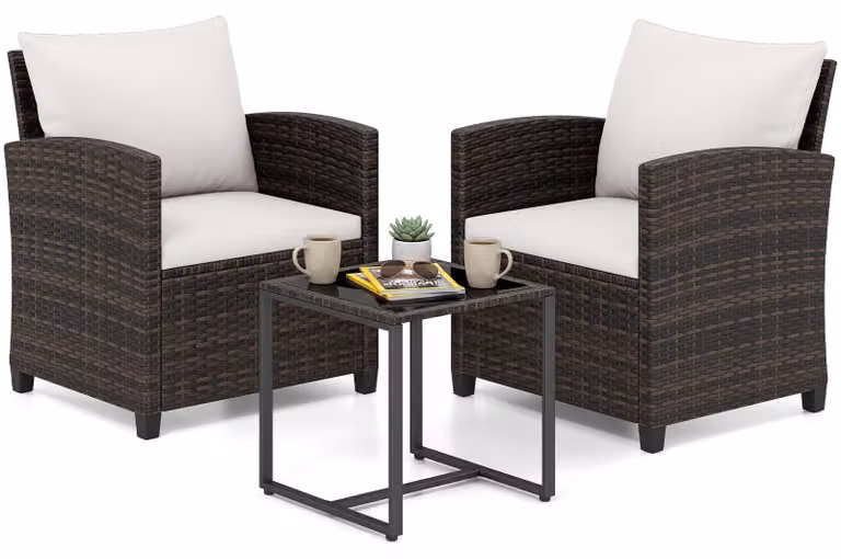 Set di mobili da giardino COSTWAY in polyrattan, mobili da balcone con 2 sedie con cuscini e tavolo in vetro, set da balcone per 2 persone, salottino da esterno marrone-beige