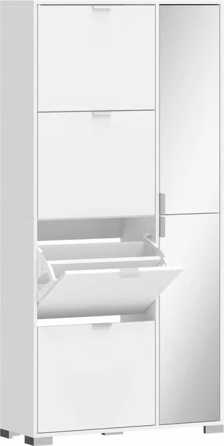 Scarpiera con Specchio 82x30x168 cm 4 Cassetti Ribalta e Armadietto 2 Ante in MDF Bianco