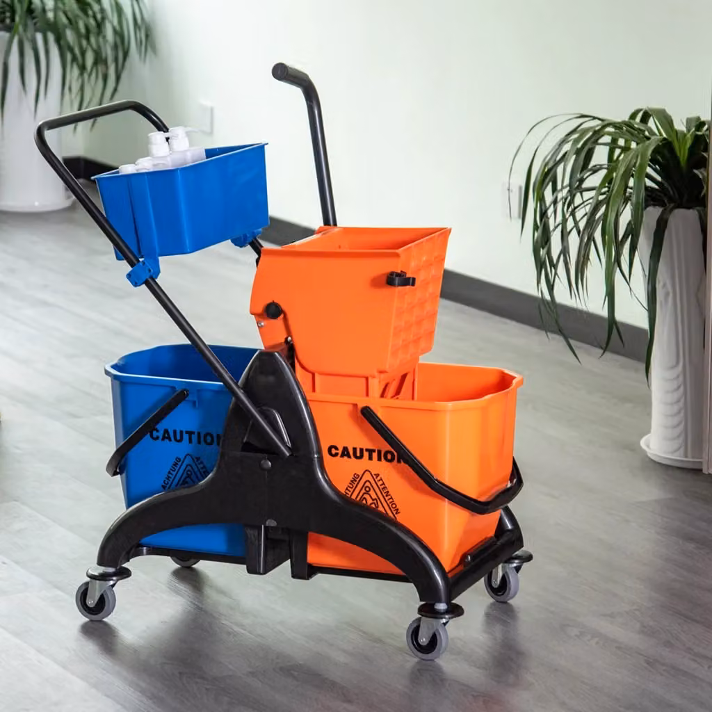 Carrello per pulizie professionale Giordanoshop con 2 secchi da 26L, in plastica e metallo, Arancio Blu, H: 95 cm, L: 78 cm, P: 45 cm – 2