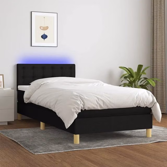 Letto singolo | Letto per adulti | Letto a Molle con Materasso e LED Nero 80x200 cm in Tessuto
