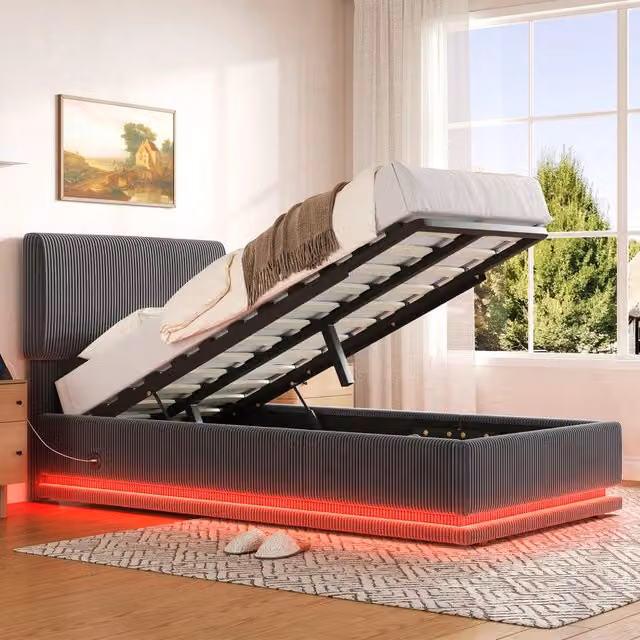 Letto imbottito REDOM in velluto a coste grigio con base contenitore a sollevamento, illuminazione sottostante e porta USB, L/P/H: 90 x 200 x 112 cm