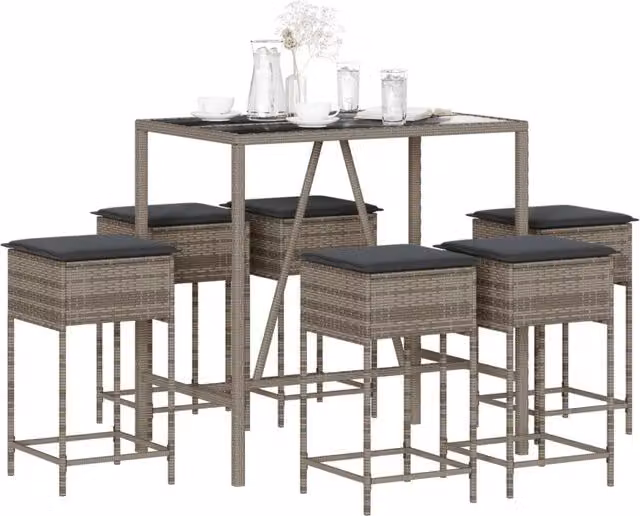 Set Bar da Giardino 7 pz con Cuscini in Polyrattan Grigio 3261469