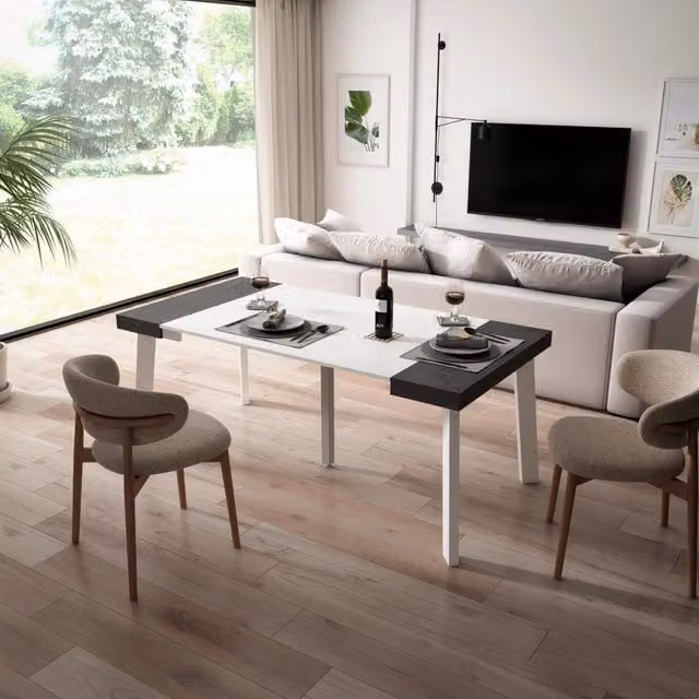 Consolle allungabile, 180x90x73cm, Per 8 persone, Gambe in legno, Bianco e nero RF2990