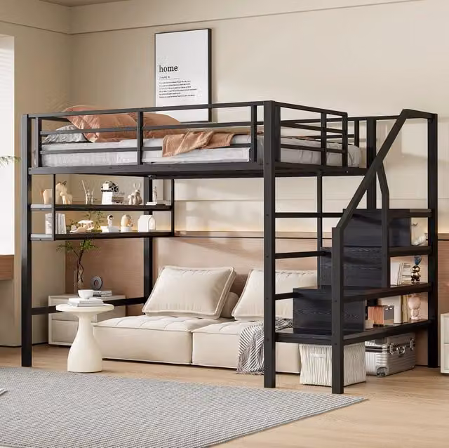 Letto a soppalco 140x200 cm nero con scaffali e scala contenitore