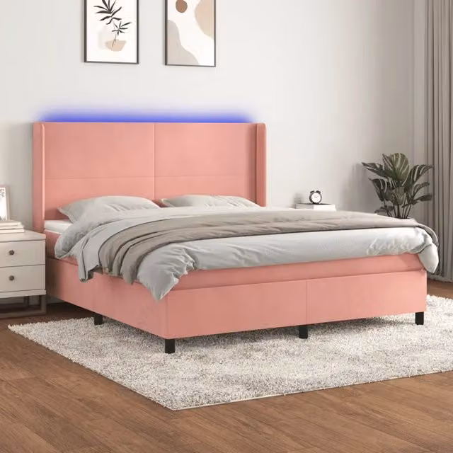 Letto a molle con materasso vidaXL in velluto rosa con illuminazione LED sottostante e porta USB L/P/H: 160 x 200 x 163 cm