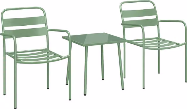 Set da Giardino Outsunny 3 Pezzi con Tavolo in Vetro Temperato e 2 Sedie a Doghe in Acciaio Zincato Verde – 1