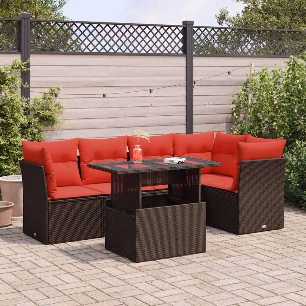 Set Divano da Giardino vidaXL 6 Pezzi in Polyrattan Marrone con Cuscini e Tavolino da Esterno a Forma di U