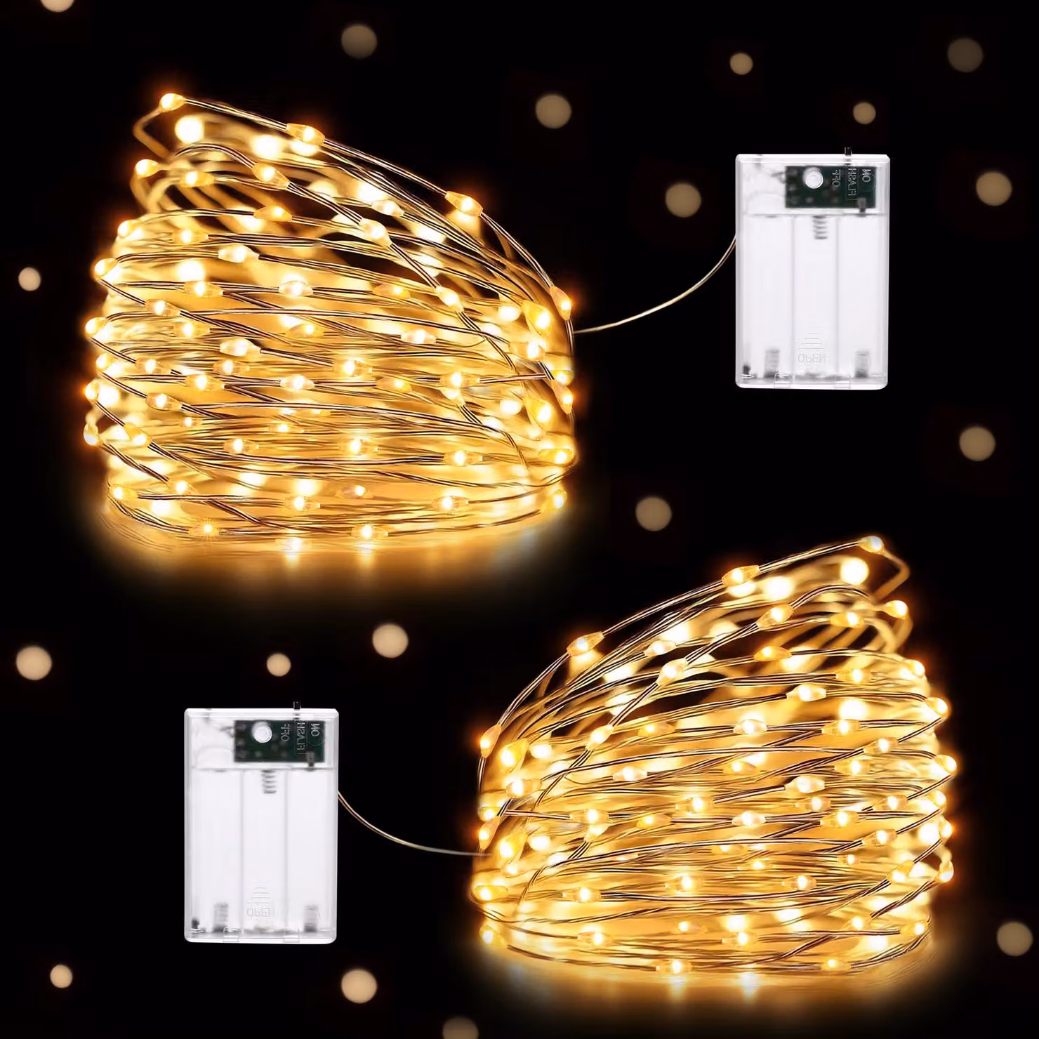 Catene luminose da 10 metri, 100 LED, luce bianco caldo, alimentate a batteria, confezione da 2