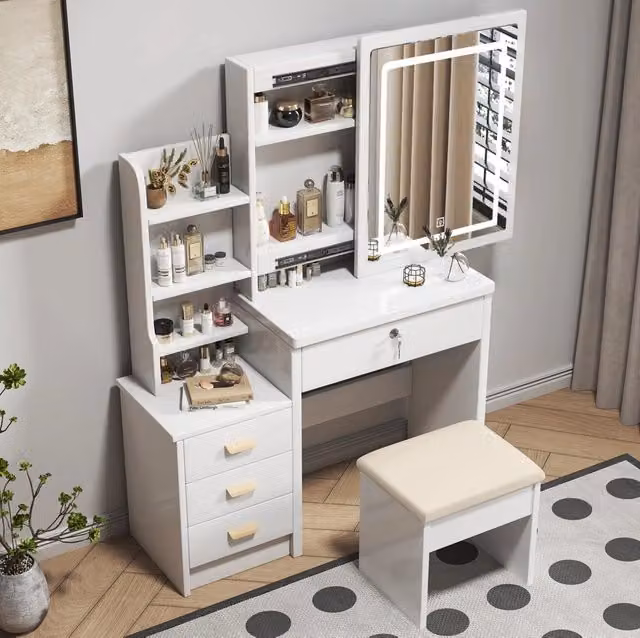 Tavolo da trucco con specchio LED in MDF bianco