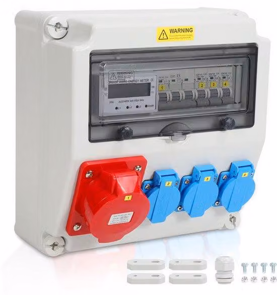 Adattatore tripolare da parete IP44 per montaggio a parete; presa a muro per il settore edile; interruttore 1x32 A, 3x230 V con contatore trifase