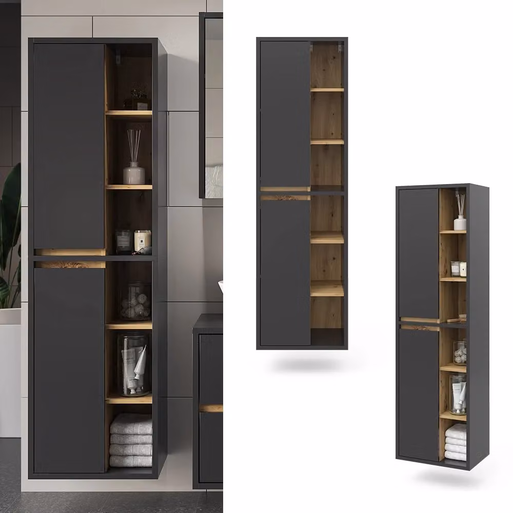 Armadio da bagno Vicco moderno in legno antracite opaco con ante e vani a giorno, L: 50 cm, H: 170 cm – 2