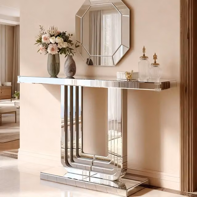 Tavolo consolle a specchio con base a U in MDF e vetro; argento