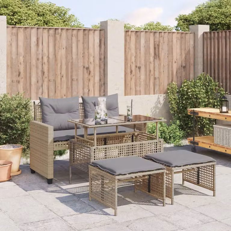 Set da giardino vidaXL composto da divano a 2 posti, tavolino con vetro, pouf e cuscini in stile moderno nei colori beige e grigio