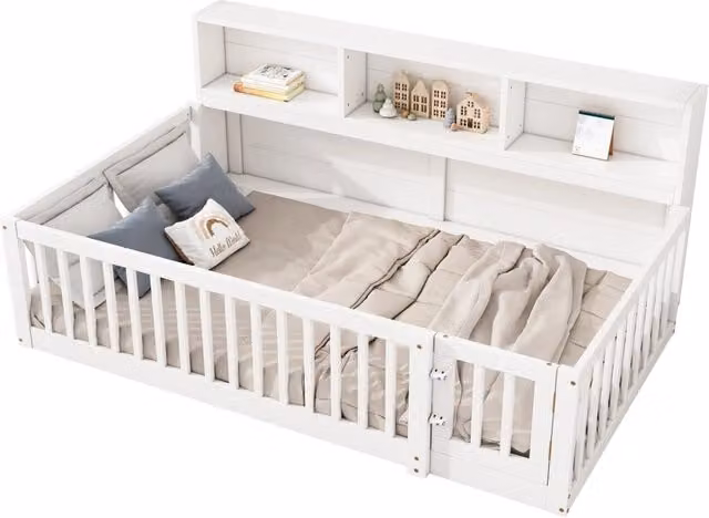Letto a divanetto singolo con contenitore e sponda apribile in pino e MDF, colore bianco, L/P/H: 90 x 200 cm