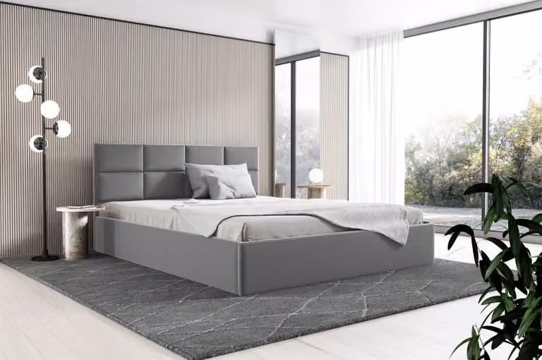 GUTTO: Letto imbottito 200x200. Struttura in metallo con rete a doghe. Tessuto: velluto grigio con vano contenitore