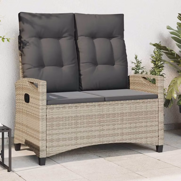 Panchina da giardino moderna vidaXL in metallo e rattan con cuscino grigio, L 105 x P 60 x H 112 cm