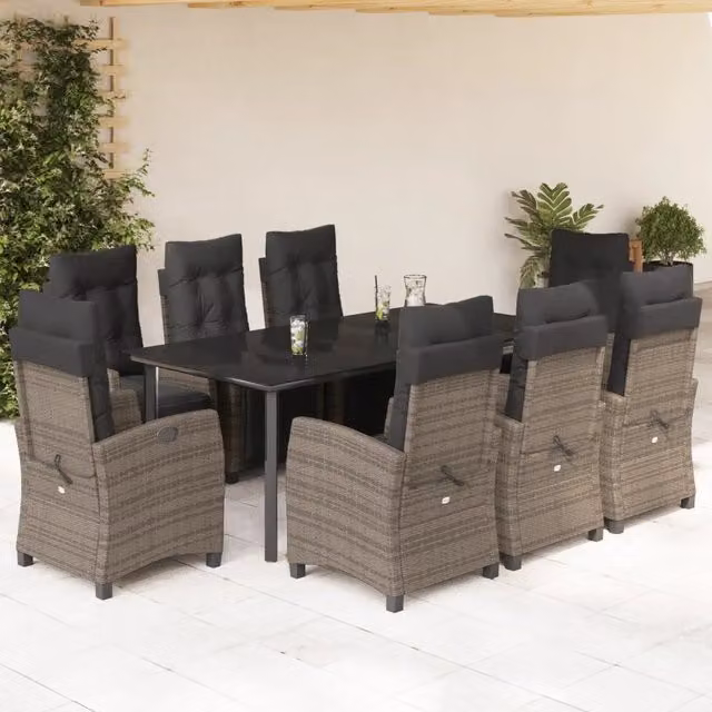 Set da pranzo da giardino vidaXL in polyrattan e vetro con 9 pezzi, colore grigio e nero – 1