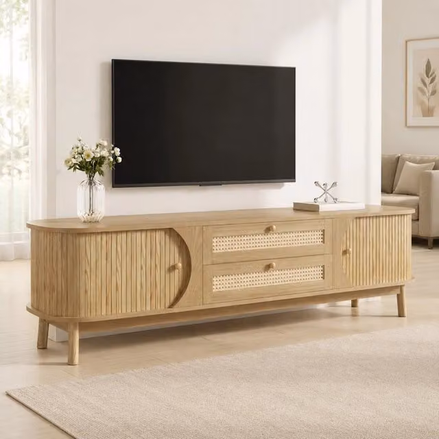 Mobile TV Mivray in legno e rattan con ante scorrevoli e cassetti, colore beige e giallo, stile rustico, L: 170 cm, P: 39.5 cm, H: 46 cm