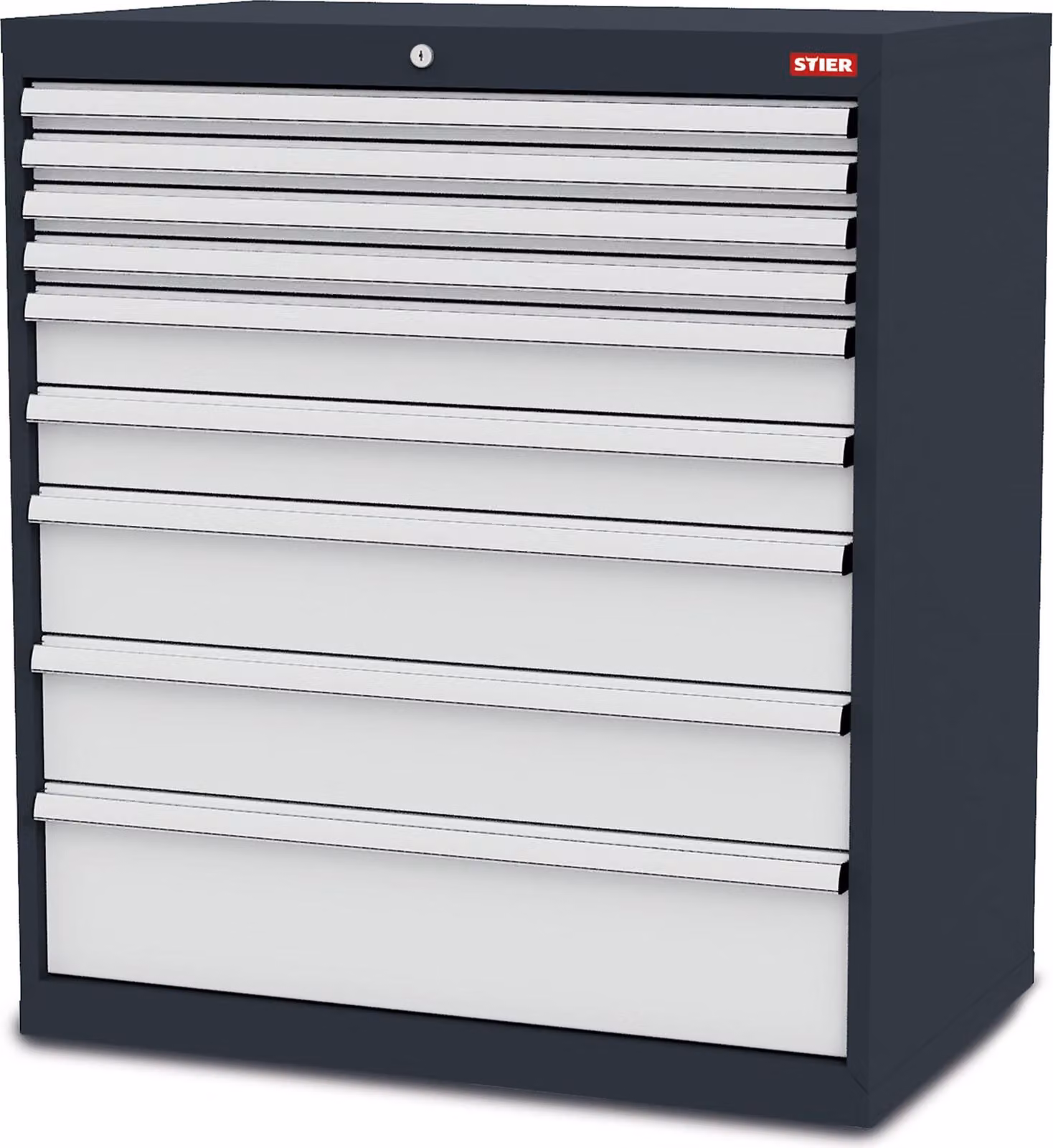 STIER Cassettiera con struttura robusta in acciaio e guide a sfere, 9 cassetti zincati con portata di 80 kg ciascuno, officina / industria / ufficio, armadio da officina con pareti laterali lisce