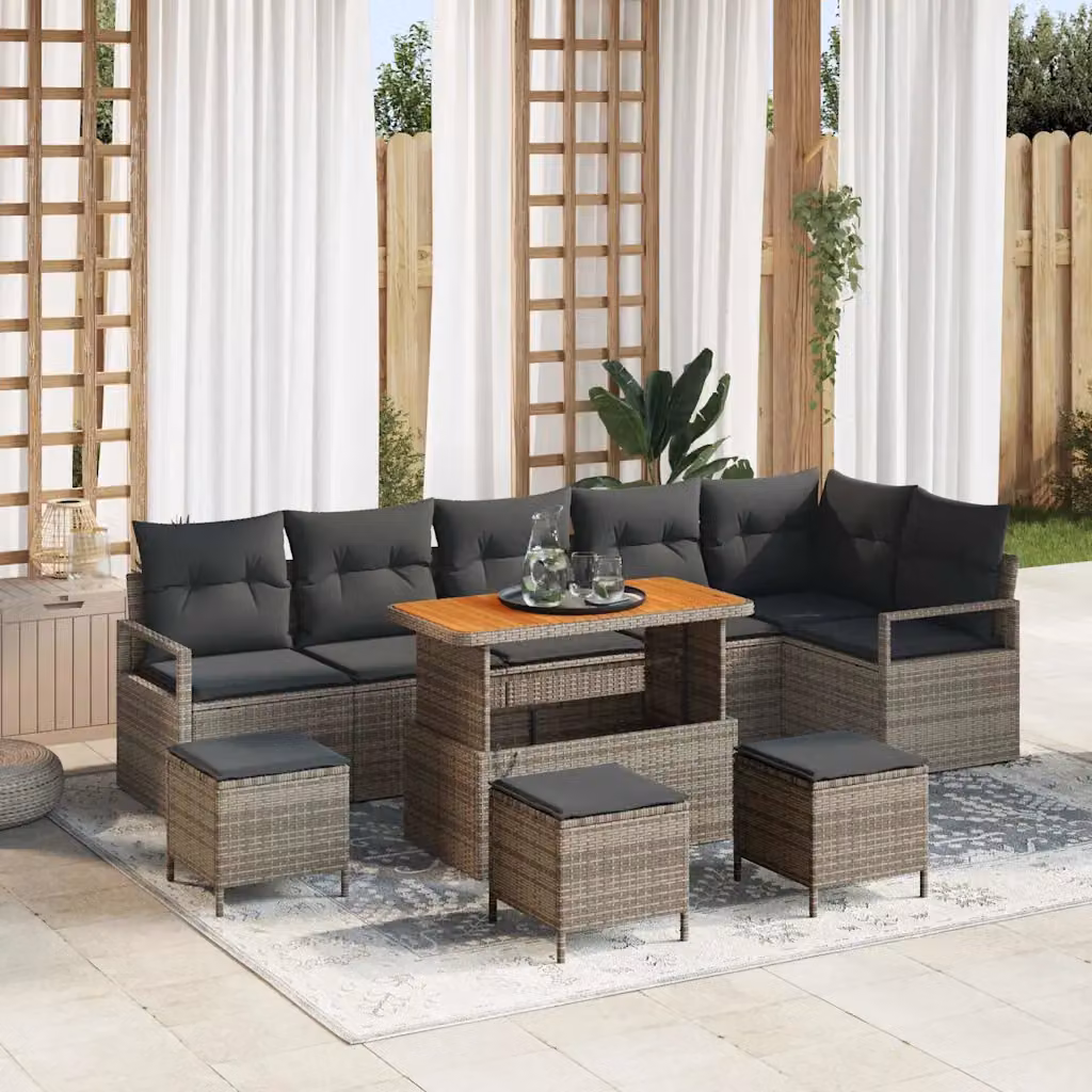vidaXL Set Divano da Giardino 10 Pezzi a Forma di L in Polyrattan Grigio con Cuscini e Tavolino – 1