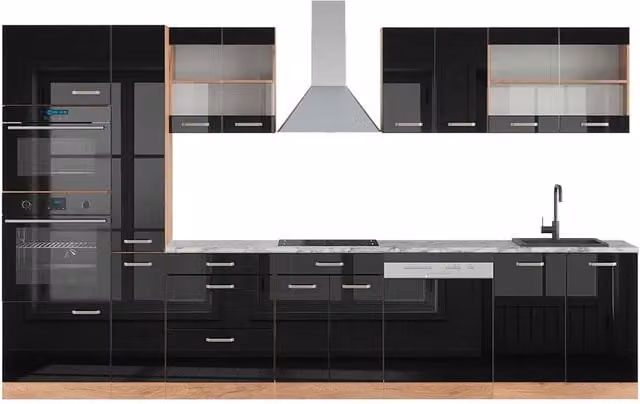 Cucina componibile moderna Vicco R-Line Nero lucido e Rovere dorato con armadio alto, L: 350 cm