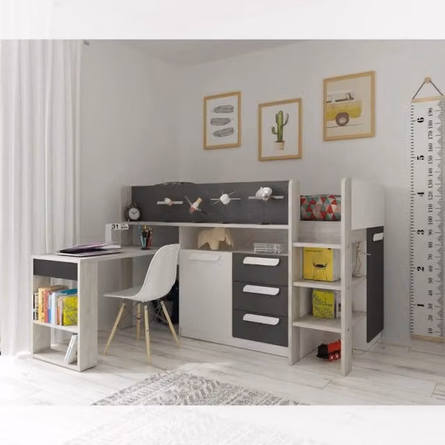 Letto a soppalco singolo EFFEZ bianco e antracite con scrivania estraibile, H: 207 cm, L: 132 cm, P: 109 cm