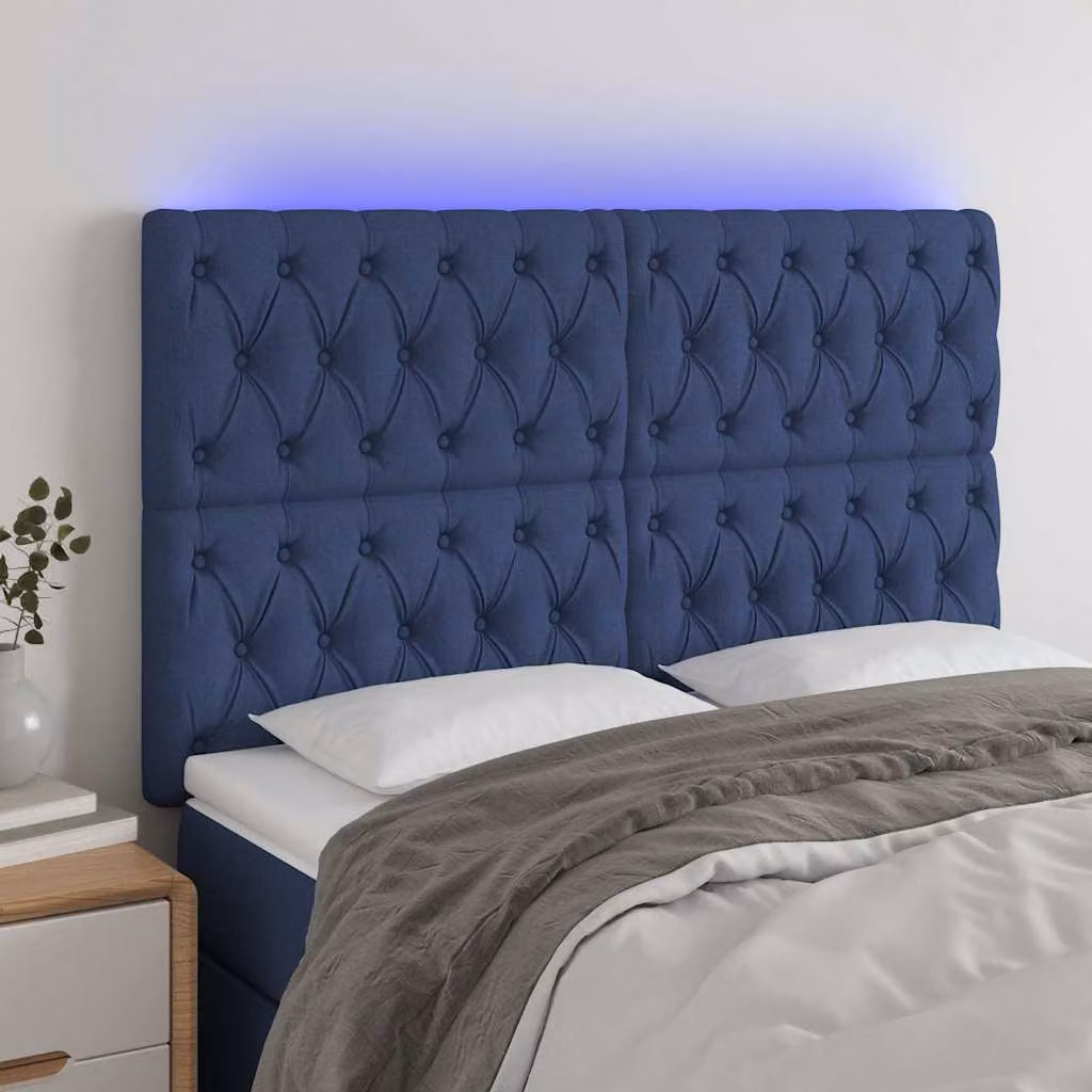 Testiera per letto vidaXL in tessuto blu con illuminazione LED integrata e porta di ricarica USB, L 160 cm, H 118-128 cm, P 7 cm