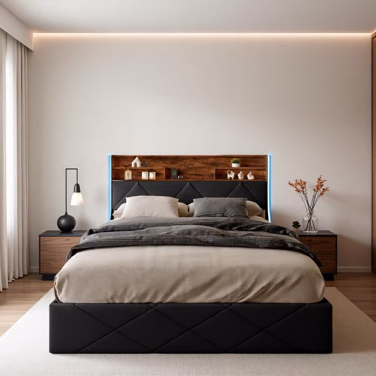 Letto idraulico ProximaX 160×200 cm - Pelle nera PU, testata con vano portaoggetti, connessione LED e USB, box letto sotto il piano di appoggio - Ideale per la camera da letto