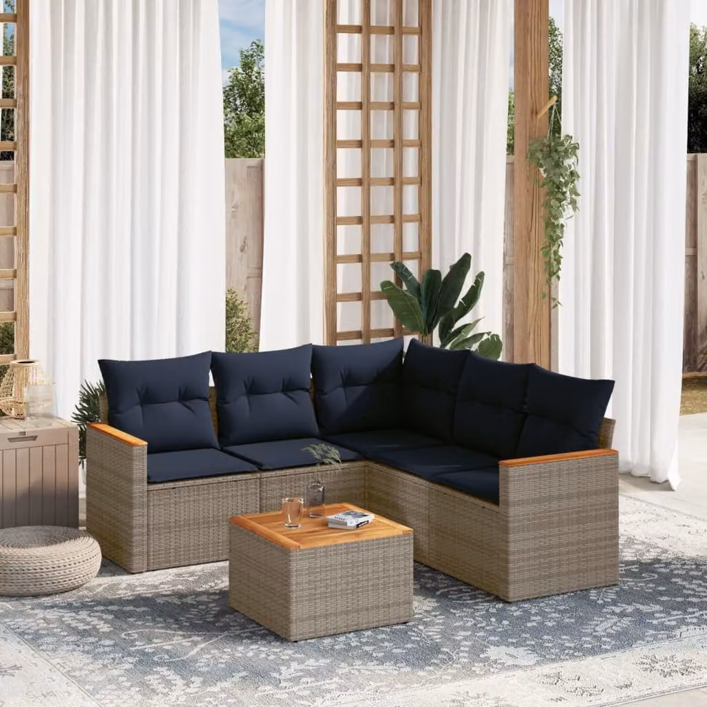 Set Divani da Giardino vidaXL 6 pz a Forma a L con Tavolino, Polyrattan e Cuscini Blu e Grigio