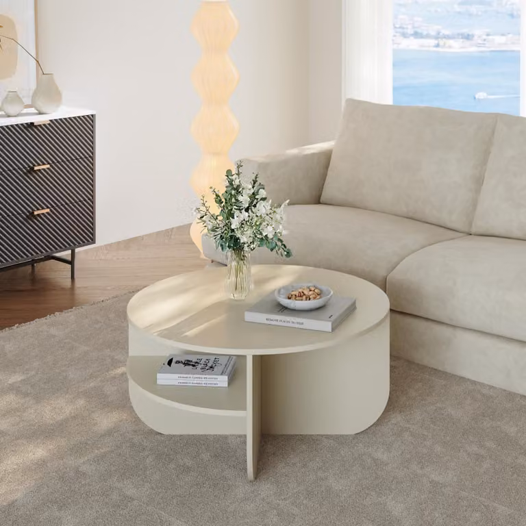Tavolino 'Reykhon' Ø80 x 41 cm Tavolo da soggiorno con vano portaoggetti piano rotondo colore sabbia