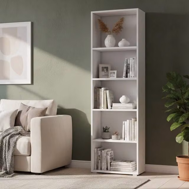 Biblioteca Allevien con 5 ripiani regolabili, Made in Italy, Bianco opaco, L: 60 cm, P: 30 cm, H: 195 cm