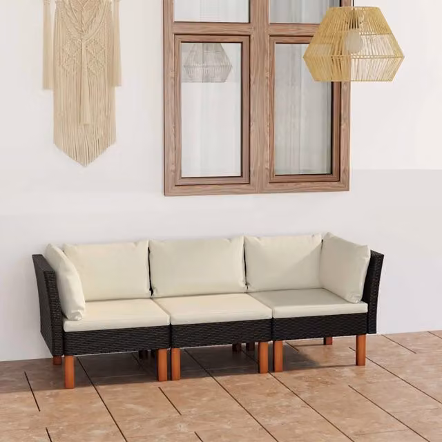 Divano da Giardino a 3 Posti con Cuscini-Sofa da Giardino-Divano da esterno Nero in Polyrattan 192759